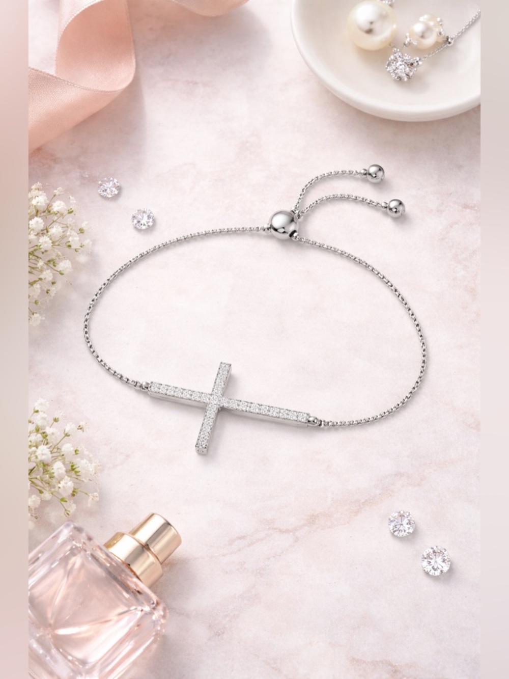 NWOT BS925 Sterling Silver Rhodium CZ Pavé Sideways Cross Adjustable Bolo Bracel